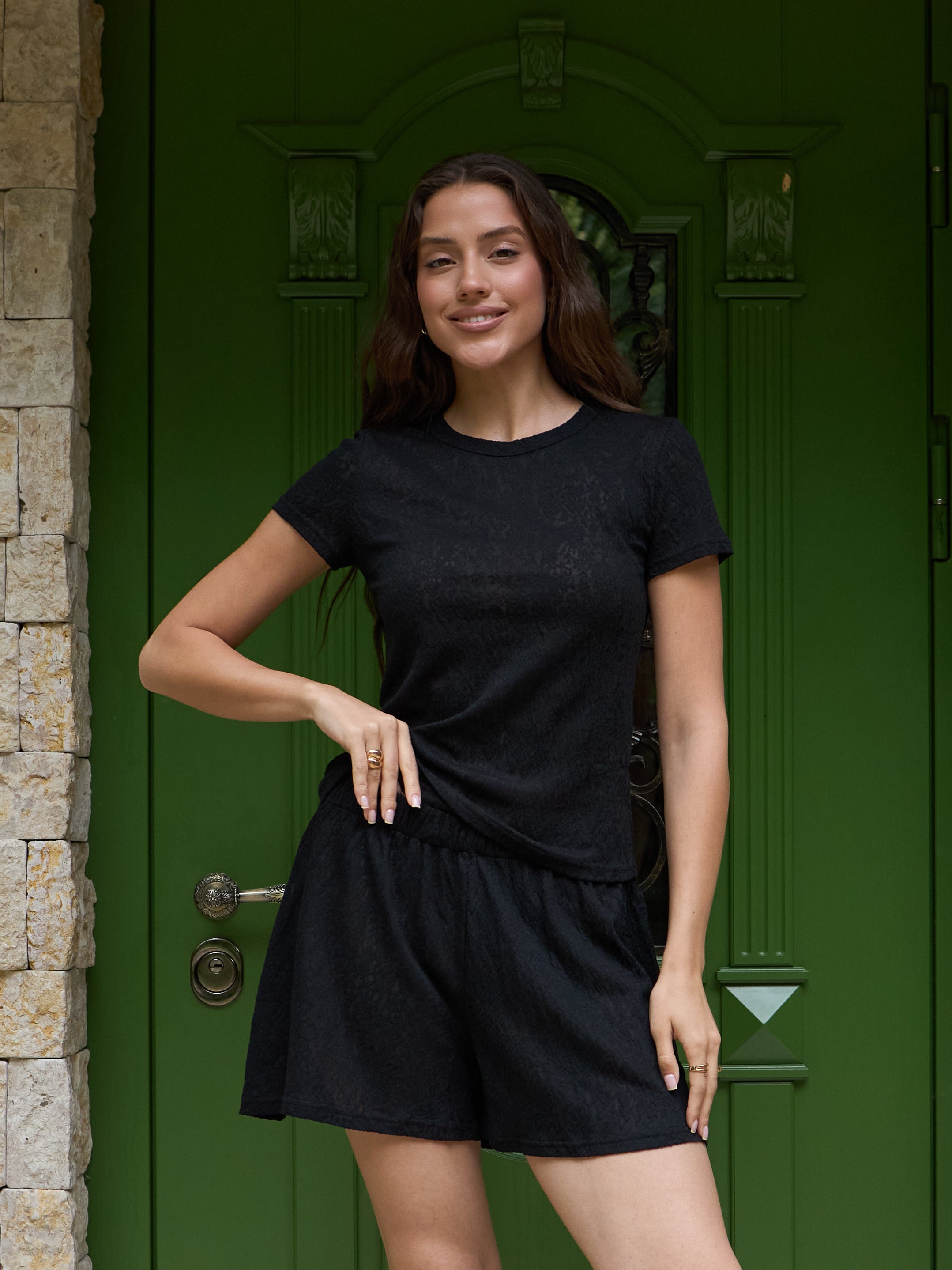 Lace Blouse, Short Sleeve – Black